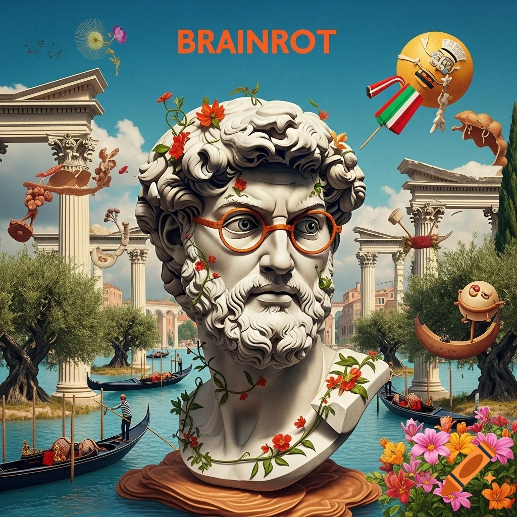 Surreal classical bust in orange glasses with flowers in a Venetian canal, under a sky with 'BRAINROT' text and cartoon elements.