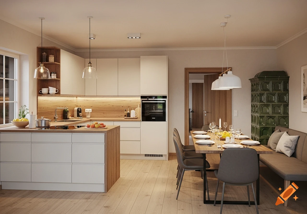 A modern L-shaped kitchen with light cabinets and wooden accents flows into a dining area with a long wooden table, gray chairs, and a bench.