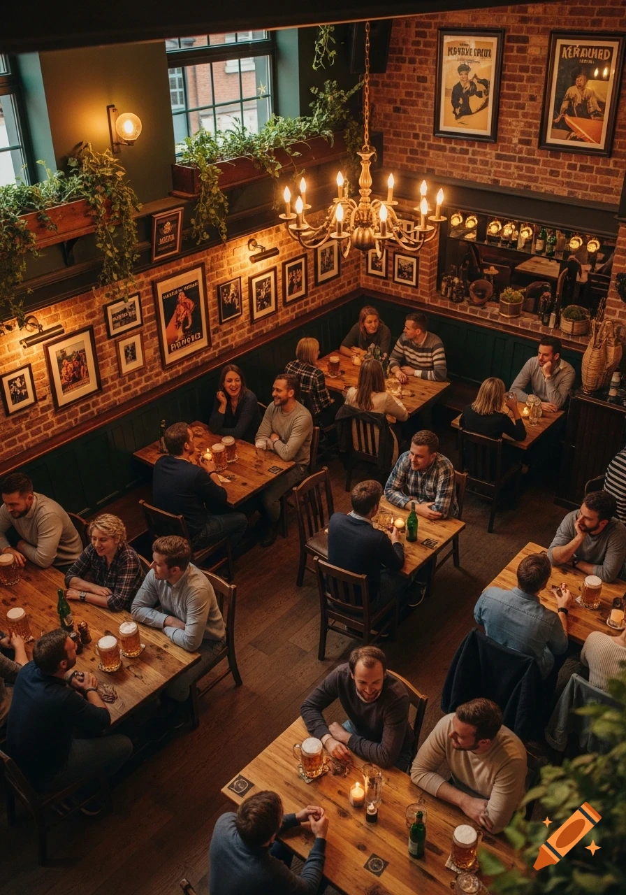 High angle shot of people socializing in a warmly lit, bustling pub with brick walls and hanging plants.