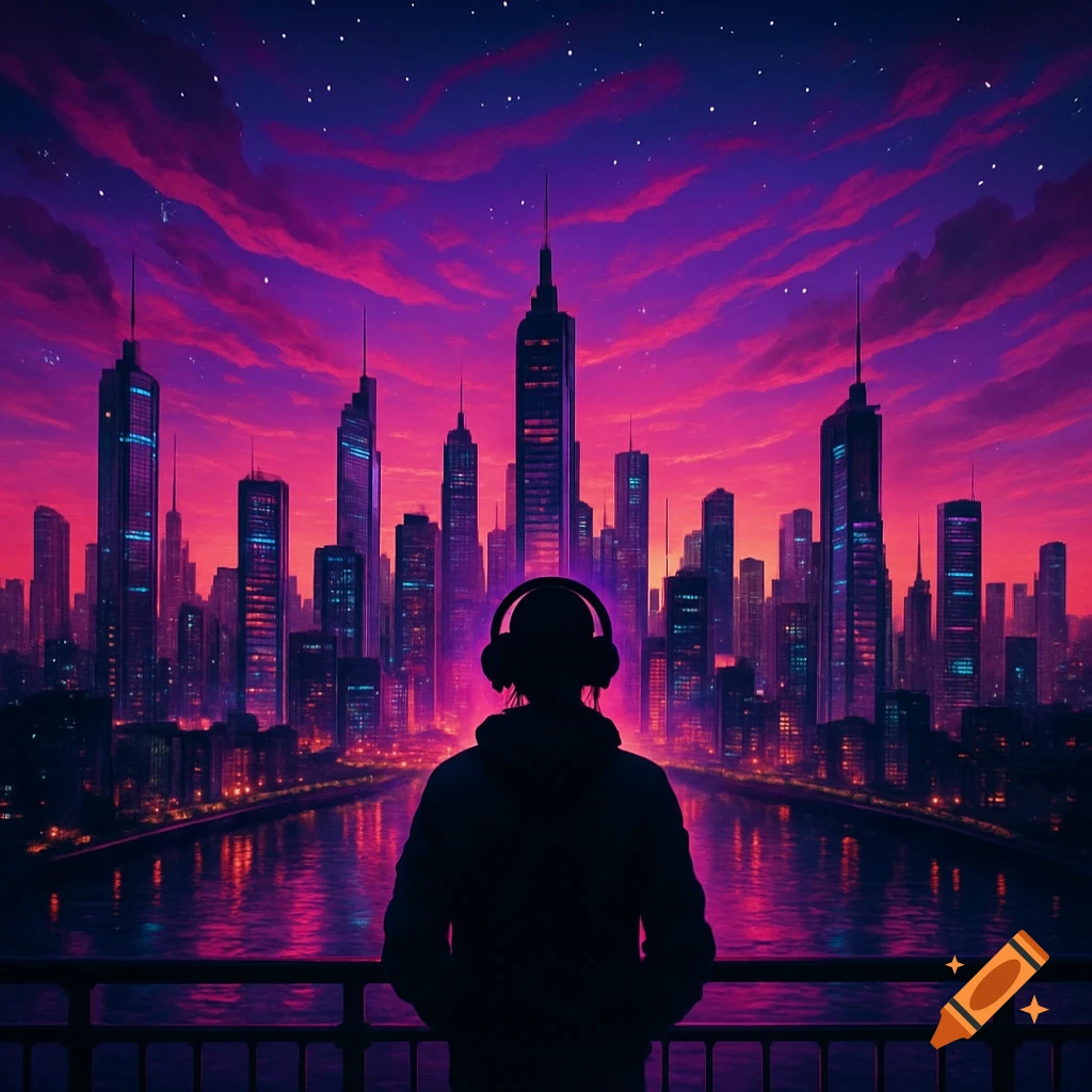 Silhouette of a person with headphones looking at a neon-lit cityscape reflected in water under a vibrant purple and pink sky, stylized.