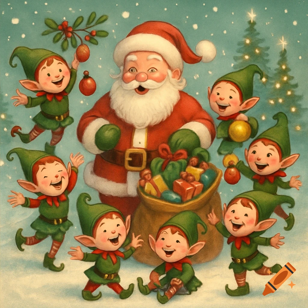 Santa Claus and seven joyful elves surrounded by gifts and ornaments in a festive, vintage-style Christmas illustration.