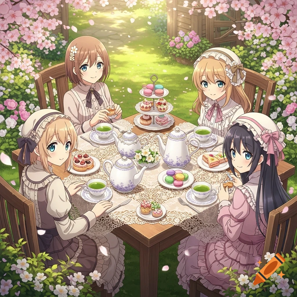 Four anime girls are enjoying a tea party in a beautiful cherry blossom garden, surrounded by flowers.
