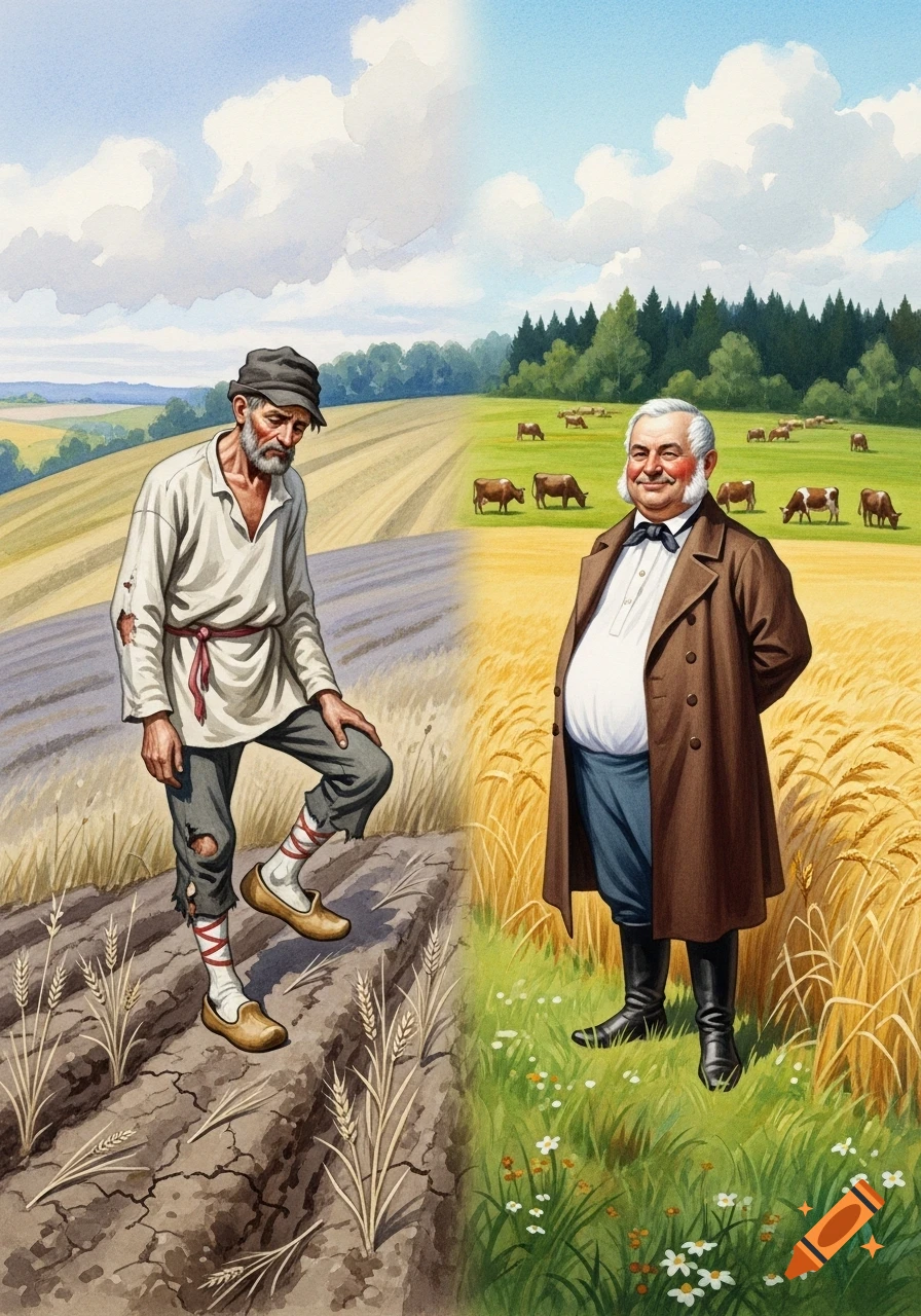 Watercolor painting depicting social contrast: a poor peasant on barren land contrasts with a wealthy landowner on rich fields with cattle.