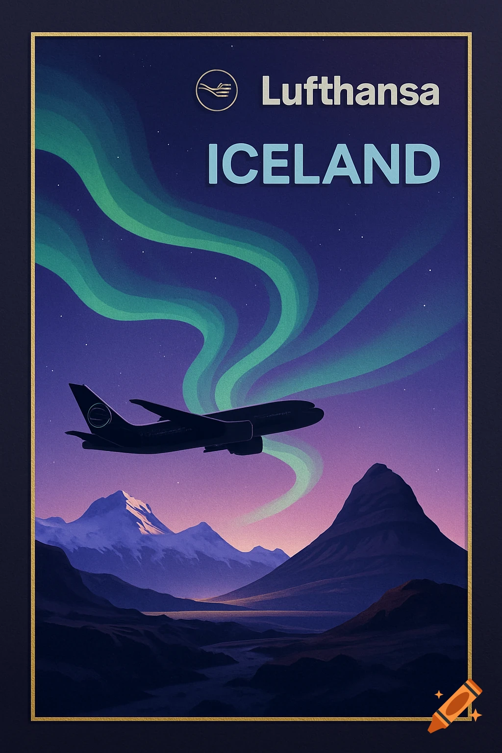 A stylized travel poster depicting a Lufthansa plane flying over snow-capped mountains and a valley under the northern lights, with the text "Lufthansa ICELAND" at the top.