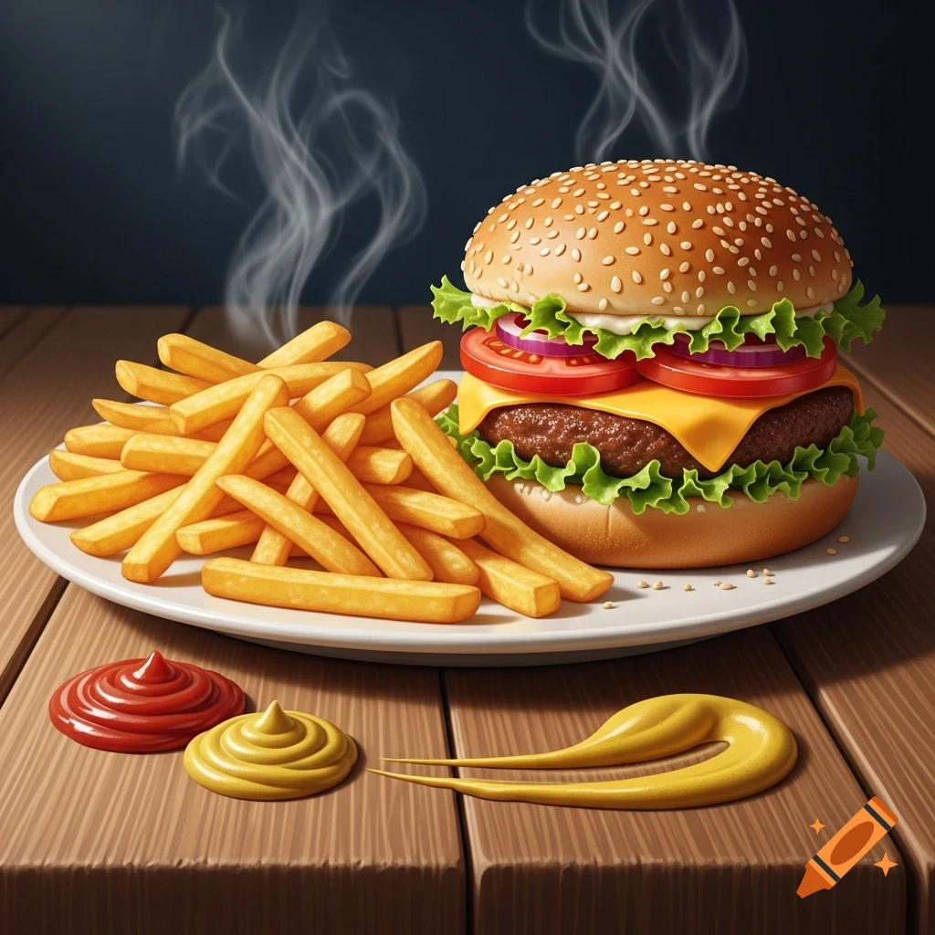 Photorealistic still life of a steaming burger with fries, ketchup, and mustard on a wooden table.