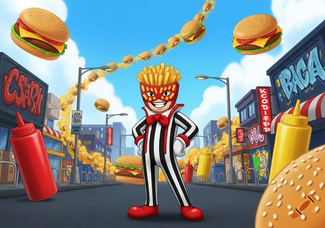 A cartoon character with a fries head, red mask, and striped suit stands on a city street with flying burgers and giant condiment bottles.