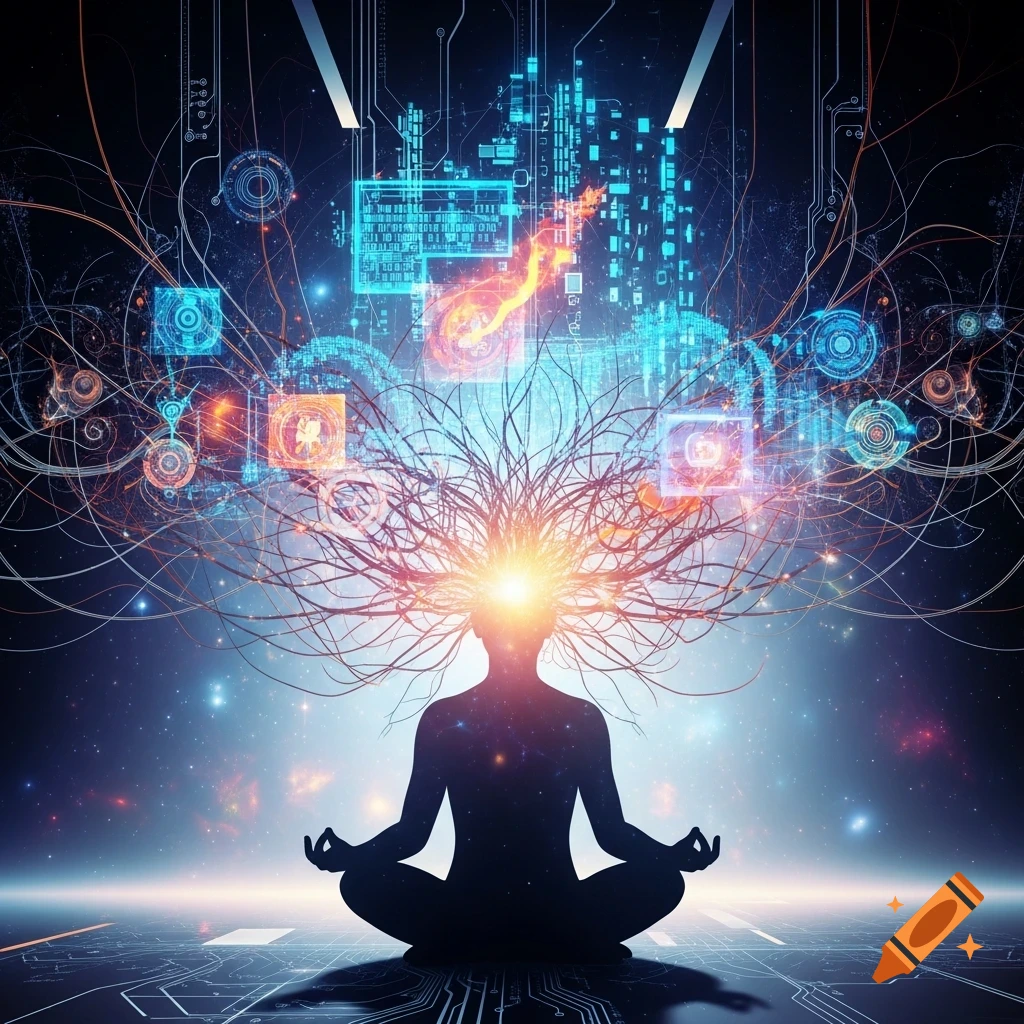 A silhouette meditates in a cosmic digital landscape, with glowing energy and tendrils from its head connecting to data streams and circuits.