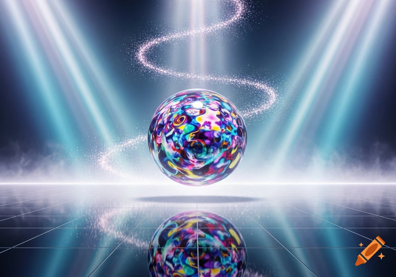A vibrant, multicolored abstract sphere floats above a reflective surface, illuminated by light beams and sparkling trails in a futuristic setting.