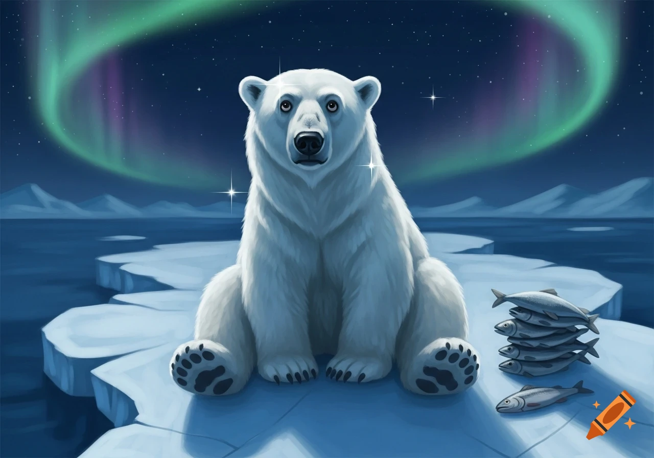 A white polar bear sits on an ice floe under a starry night sky with a green and purple aurora borealis, next to a stack of fish, in an illustrative style.