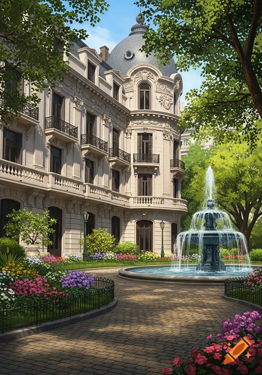 A grand, classical building with a gray dome overlooks a lush garden featuring a multi-tiered fountain and colorful flowers under a blue sky.