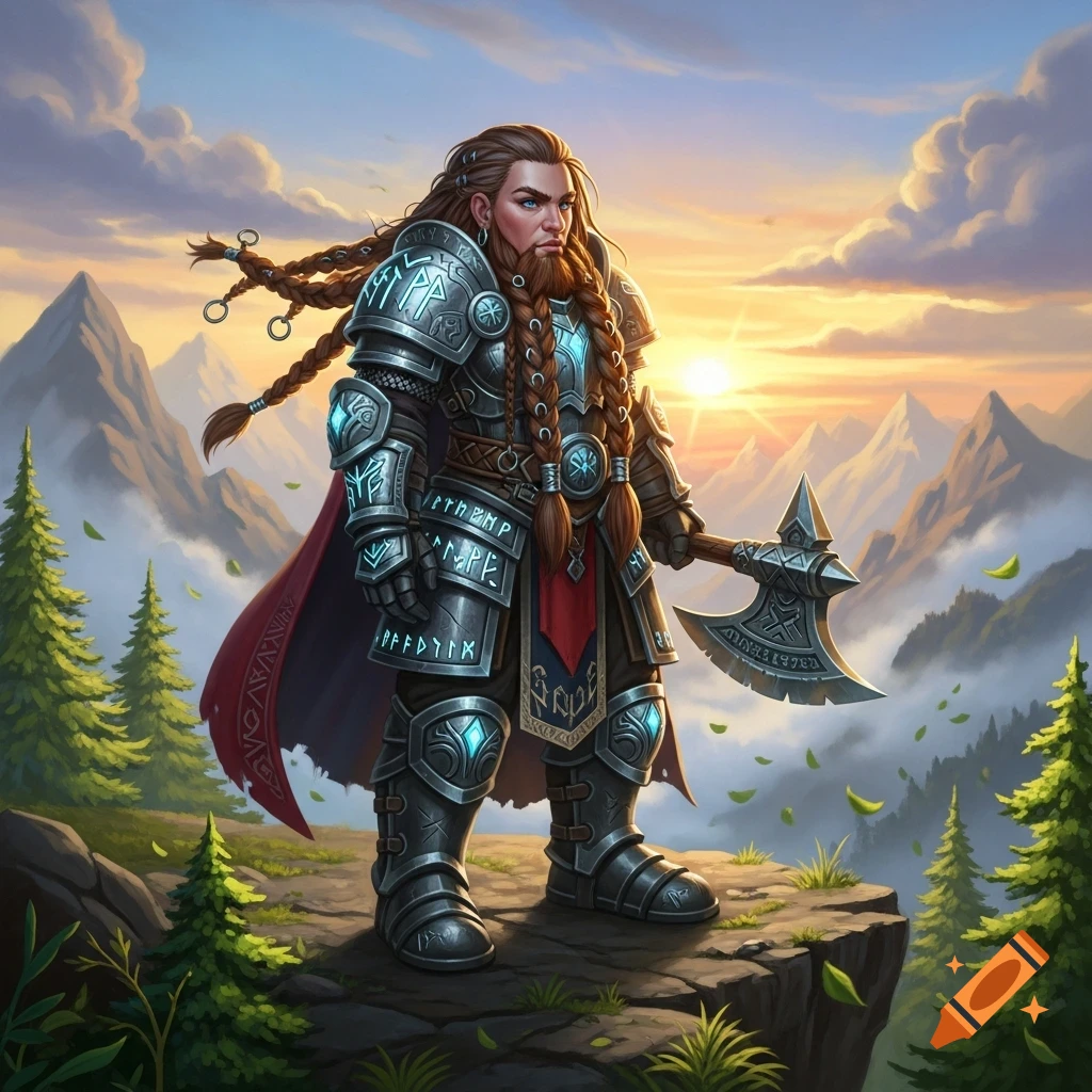 A heavily armored fantasy dwarf with braided hair and beard stands on a cliff holding an axe, looking out over mountains at sunset.