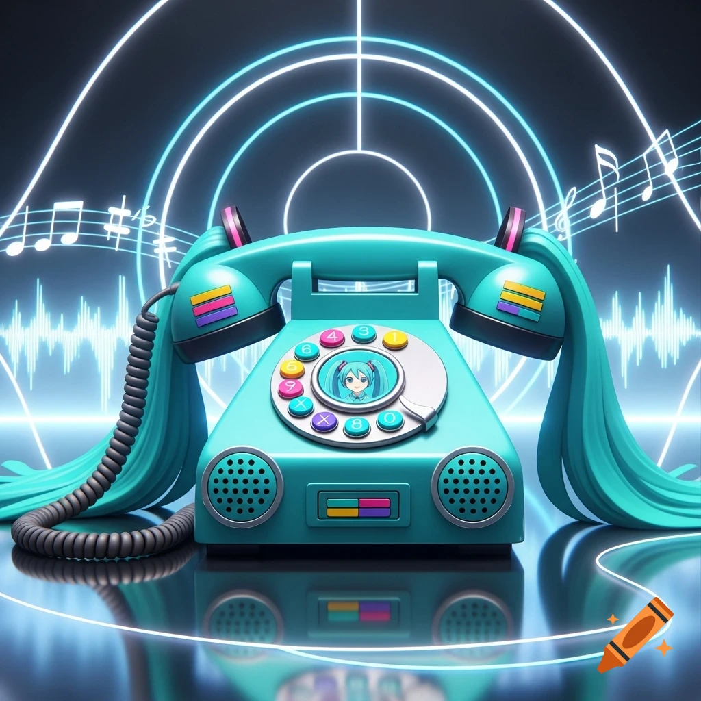 A stylized turquoise rotary phone, designed to resemble Hatsune Miku with long pigtails. The dial features a small anime face and colored buttons with numbers and symbols, set against a dark background with glowing neon lines and musical notes.
