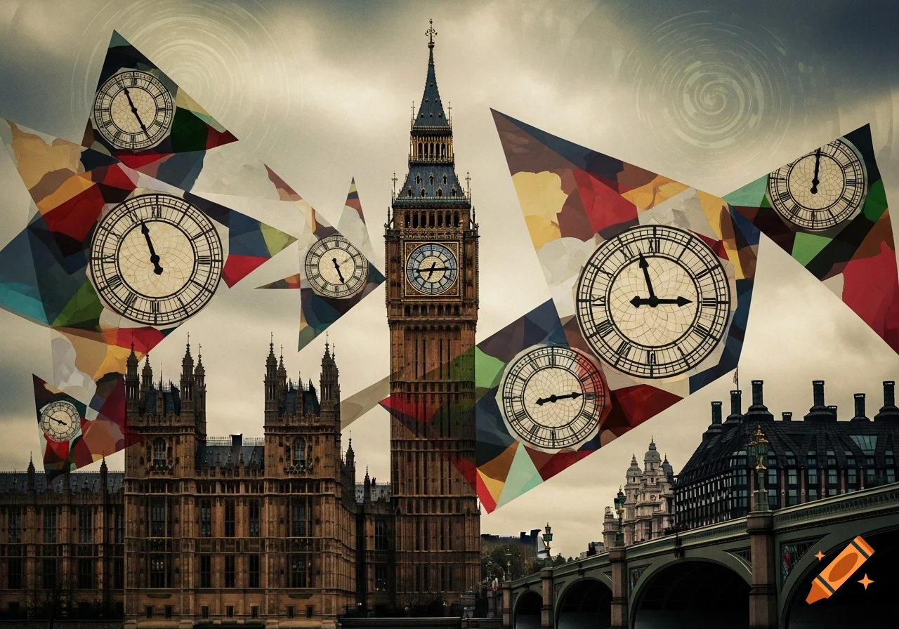 Cubist artwork of Big Ben and the Houses of Parliament in London, featuring multiple clock faces and colorful geometric patterns.