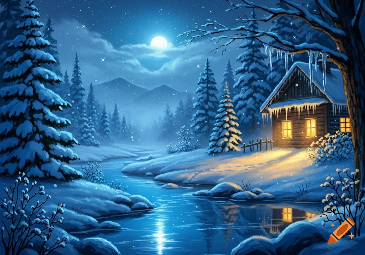 A serene, snowy winter landscape with a cozy, glowing cabin beside a river under a full moon, illustration style.