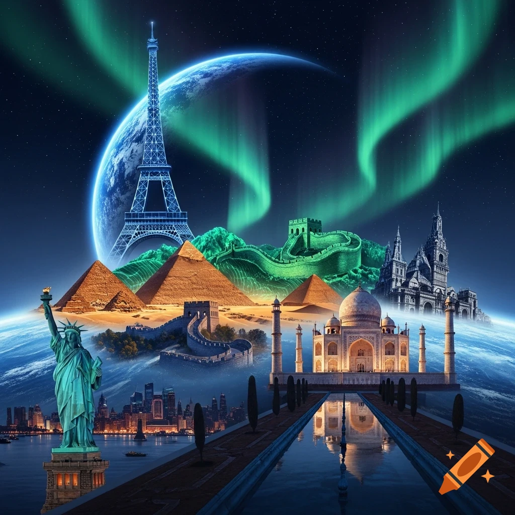 Vibrant collage of world landmarks like Eiffel Tower, Pyramids, Taj Mahal, and Statue of Liberty, set against Earth and aurora.