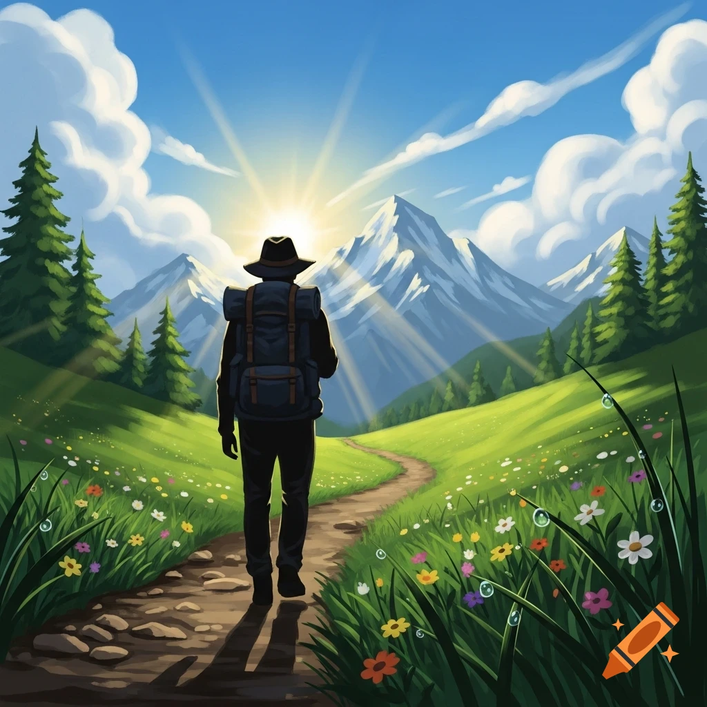 A person with a backpack walks on a winding path towards sunlit mountains in a vibrant green valley with wildflowers.
