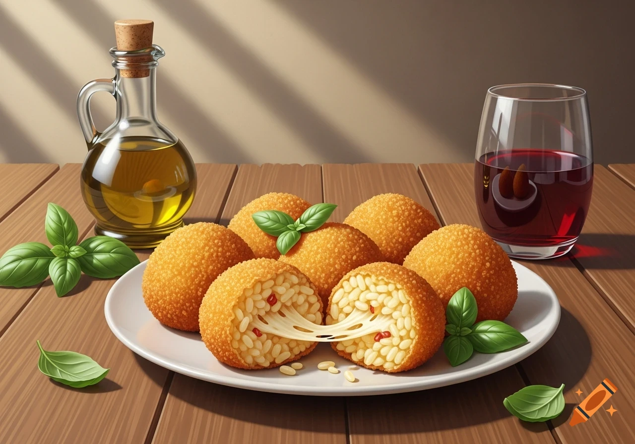 A plate of golden arancini, one broken to show stringy cheese and rice, served with basil leaves, olive oil, and red wine on a wooden table.