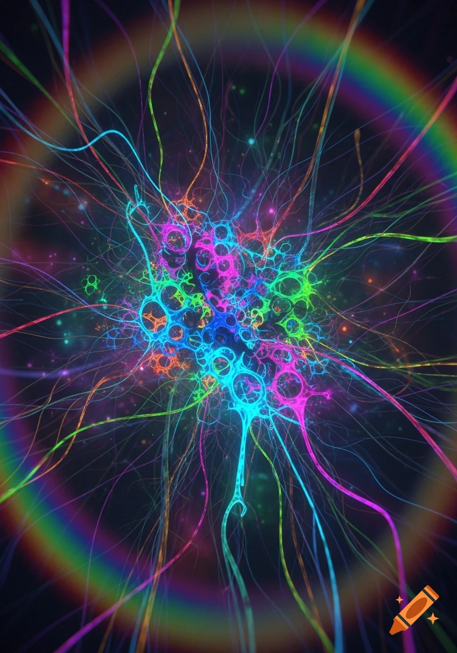 Vibrant abstract network of glowing colorful lines and bubble-like structures radiating on a dark background, with faint rainbow halos.