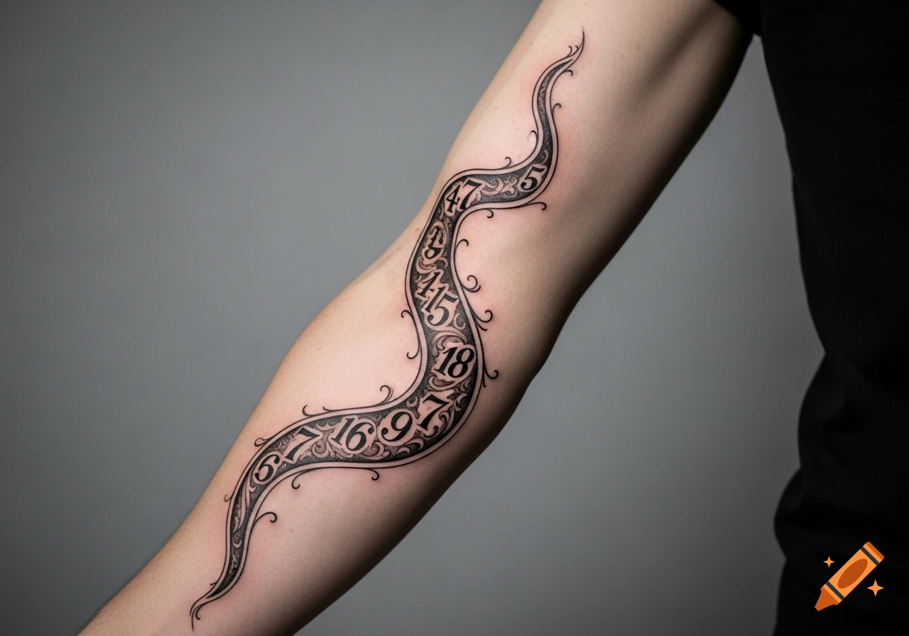 A black and white tattoo of winding numbers and ornate patterns on a person's forearm against a gray background.