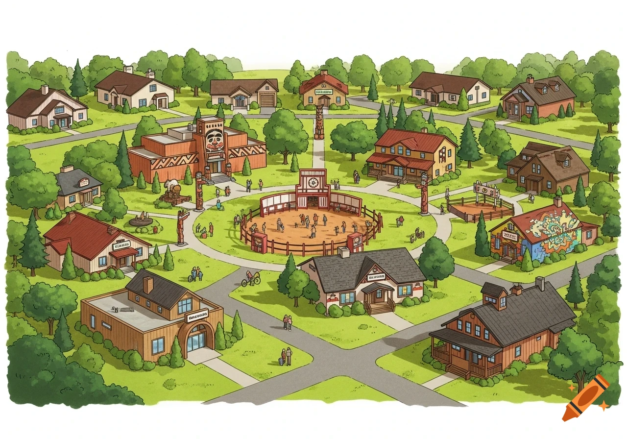 An isometric cartoon drawing of a town with a central powwow grounds, surrounded by houses, a museum, a clinic, and other community buildings among trees and roads.