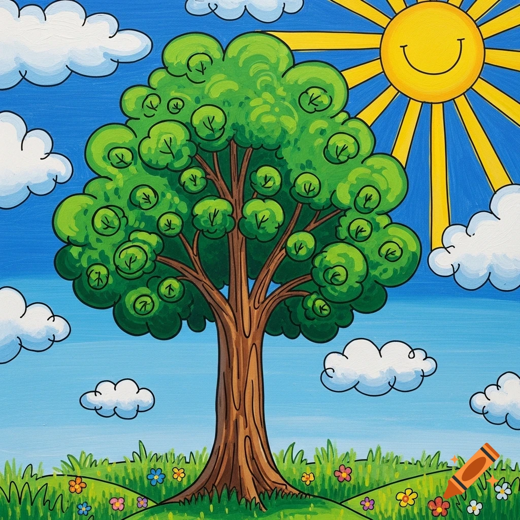 Cartoon illustration of a green tree with a smiling sun, white clouds, and colorful flowers in grass under a blue sky.