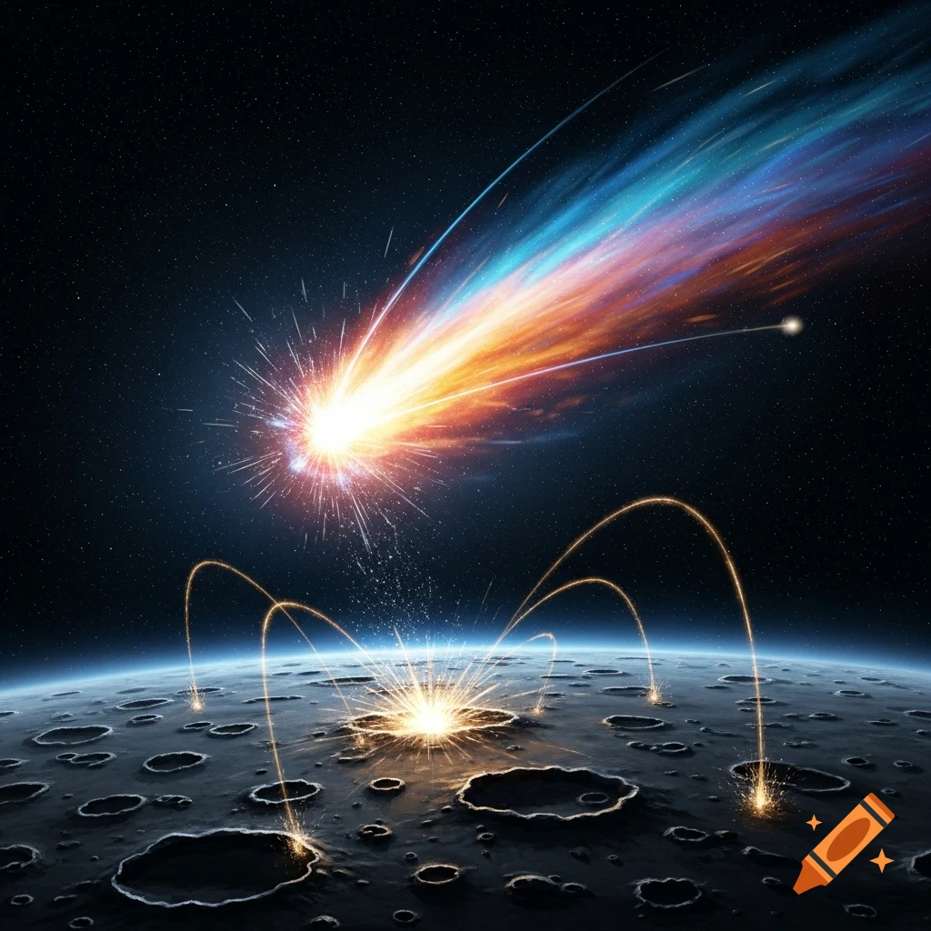 A vibrant comet with a fiery, multi-colored trail impacts a cratered moon, causing bright explosions and glowing energy arcs.