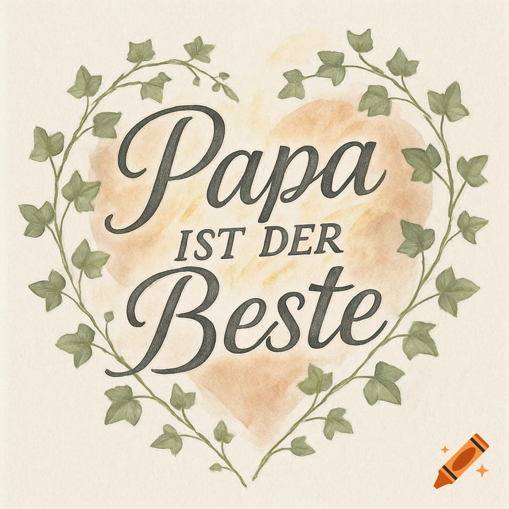 A watercolor illustration featuring a heart-shaped ivy wreath surrounding the German text "Papa ist der Beste" (Dad is the Best).