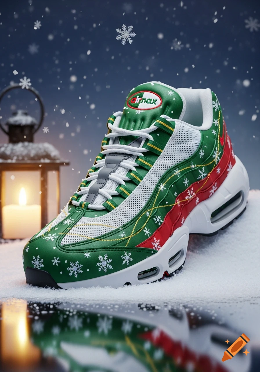 Close-up of a green and red Christmas-themed Air Max 95 sneaker in snow with snowflakes and a glowing lantern.