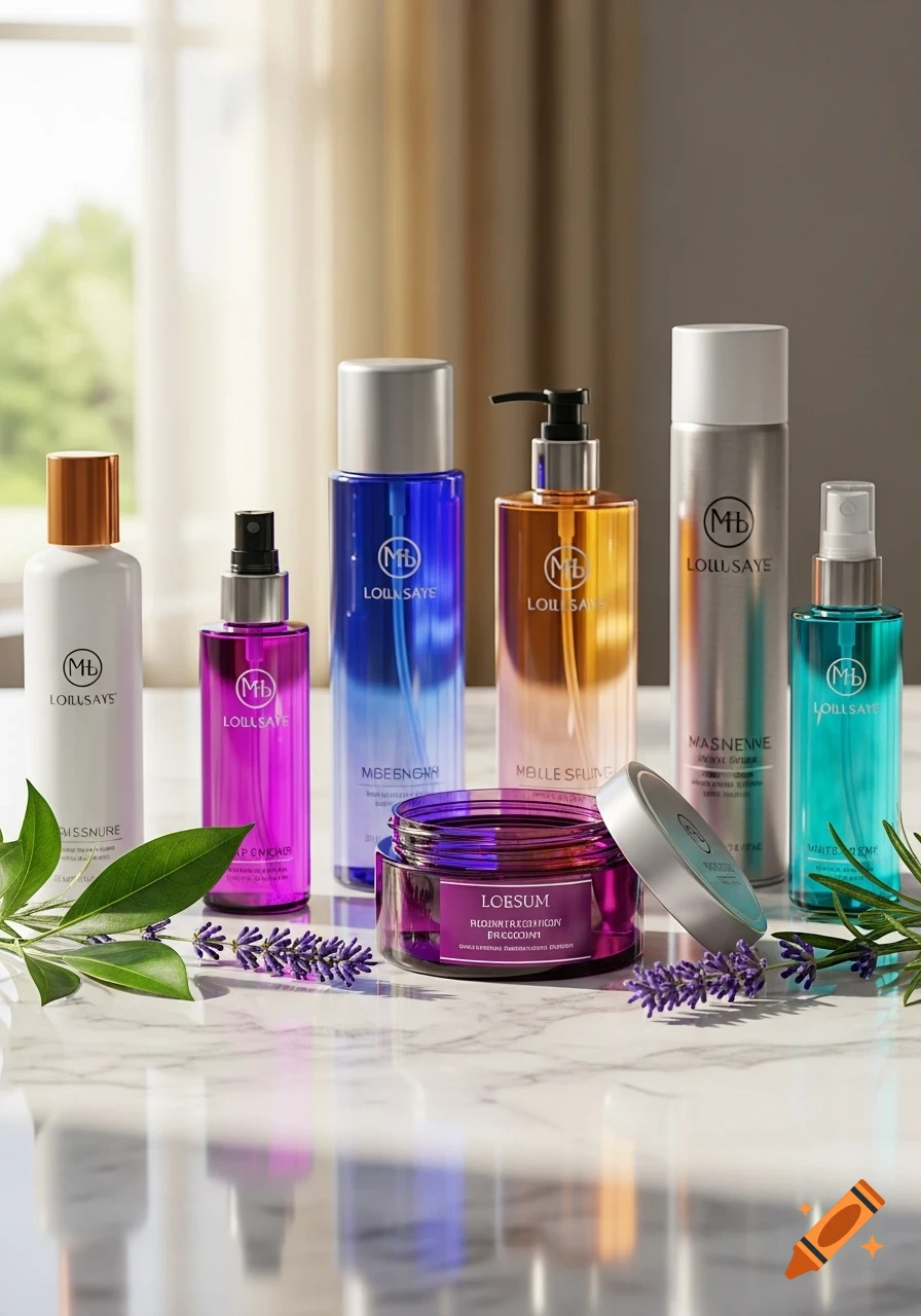 Assortment of colorful hair and beauty products in bottles and jars, with lavender sprigs, on a marble surface. Photorealistic style.
