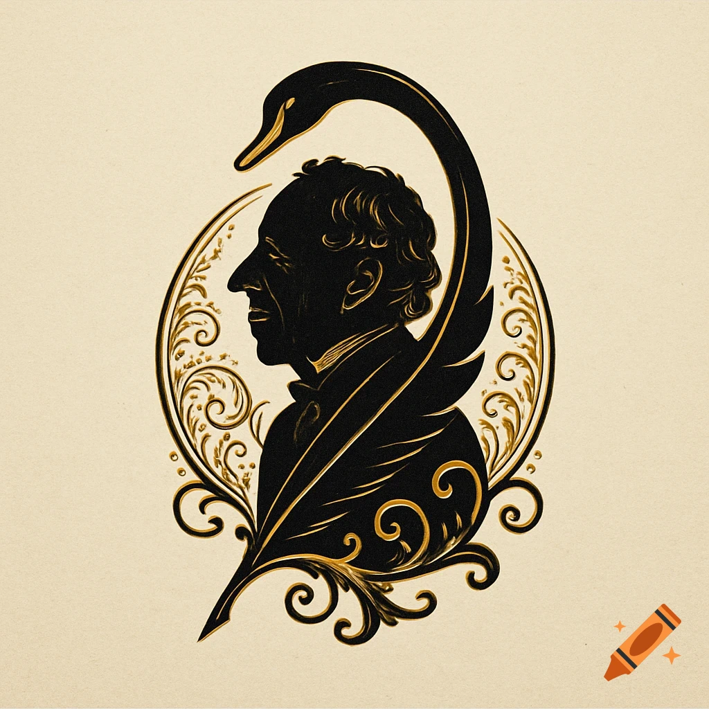A black and gold silhouette logo featuring a man's profile, integrated with a swan's neck and a quill feather.