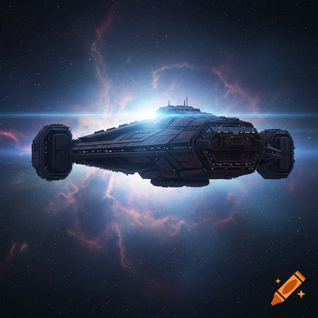 A dark, boxy science fiction starship with glowing engines flies through a starlit nebula.