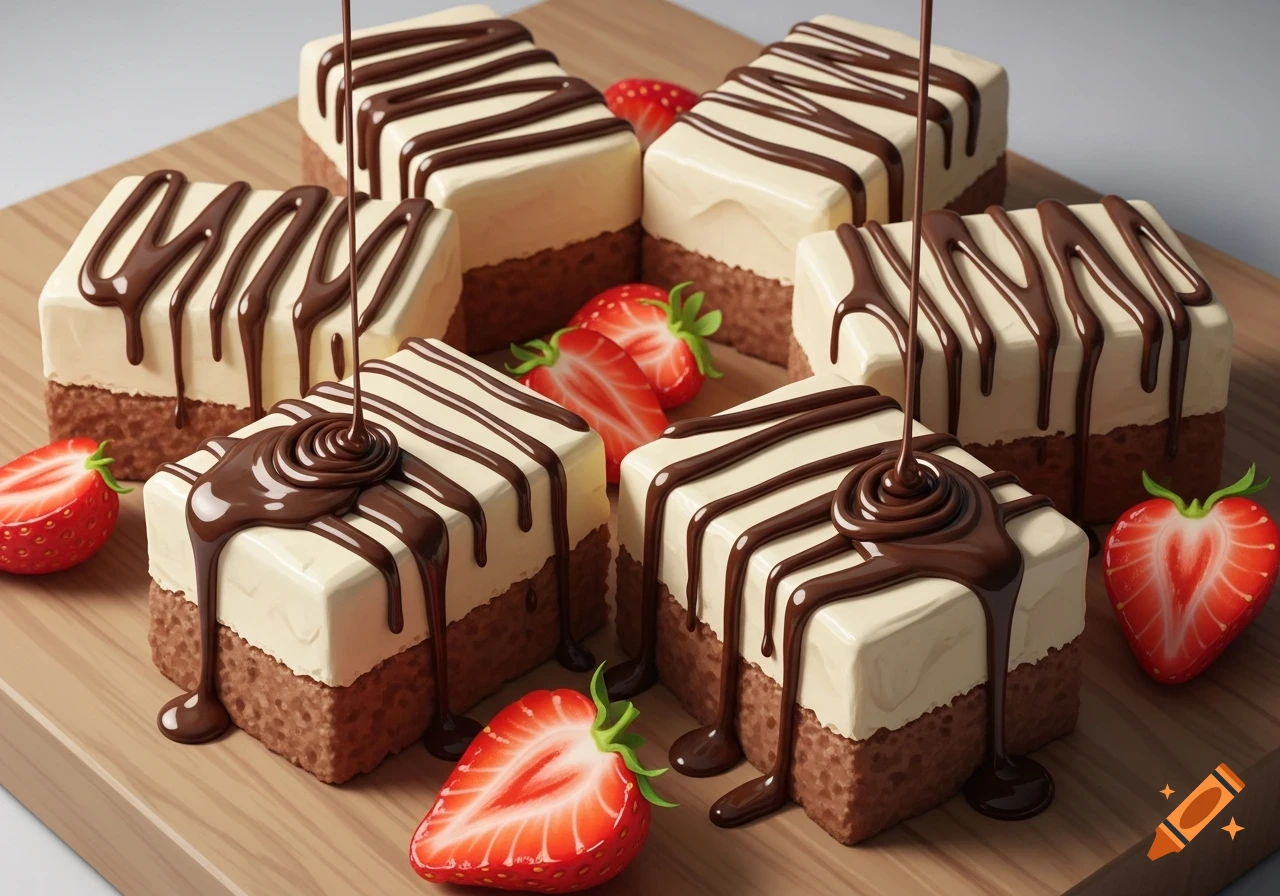 Chocolate brownies with white frosting being drizzled with chocolate sauce, surrounded by fresh strawberries on a wooden board.