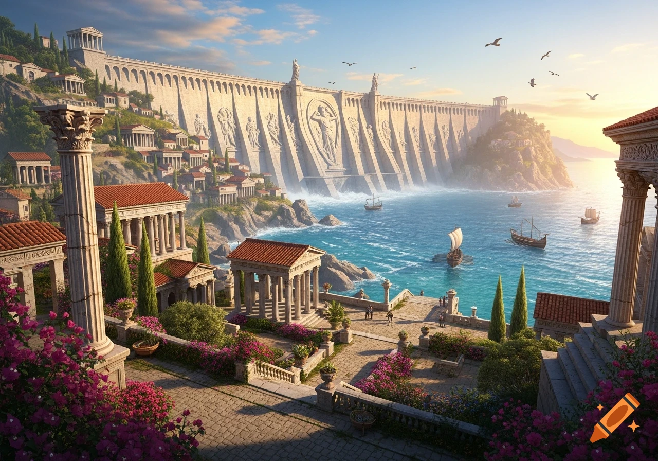A grand Roman city built on cliffs overlooking the ocean, featuring a massive dam with intricate carvings and boats sailing on the water.