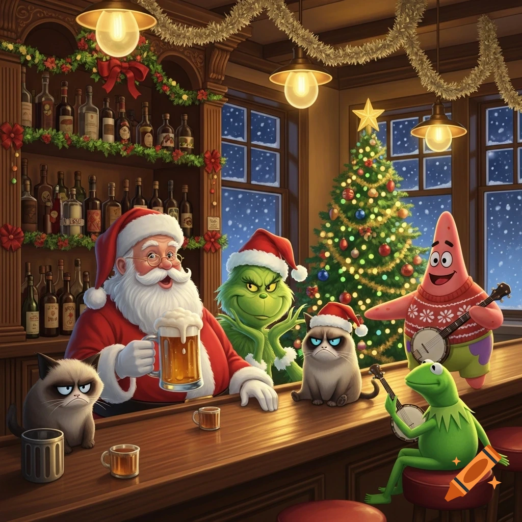 Santa, the Grinch, Grumpy Cat, Patrick Star, and Kermit gather at a festive Christmas-decorated bar, with Santa holding a beer.