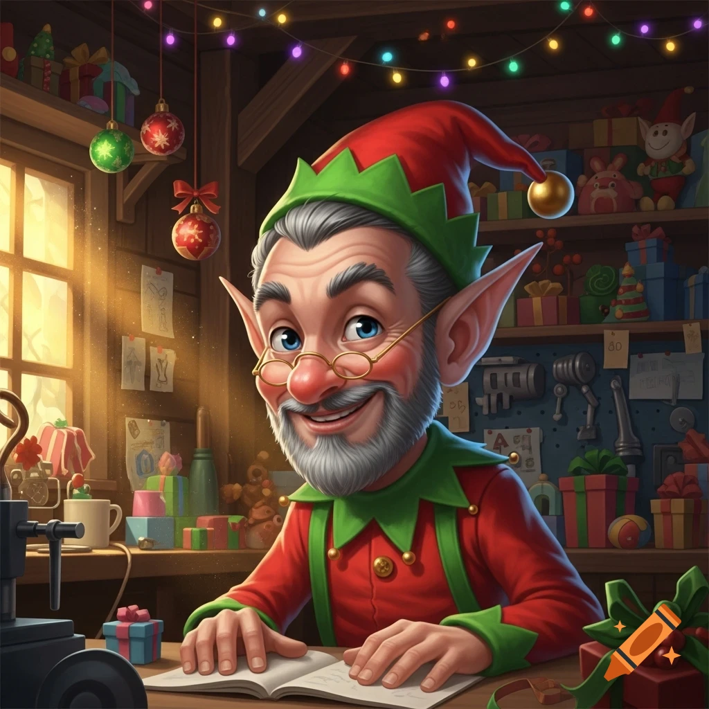 A smiling Christmas elf with a grey beard and glasses reads a book in a festive workshop decorated with lights and presents.