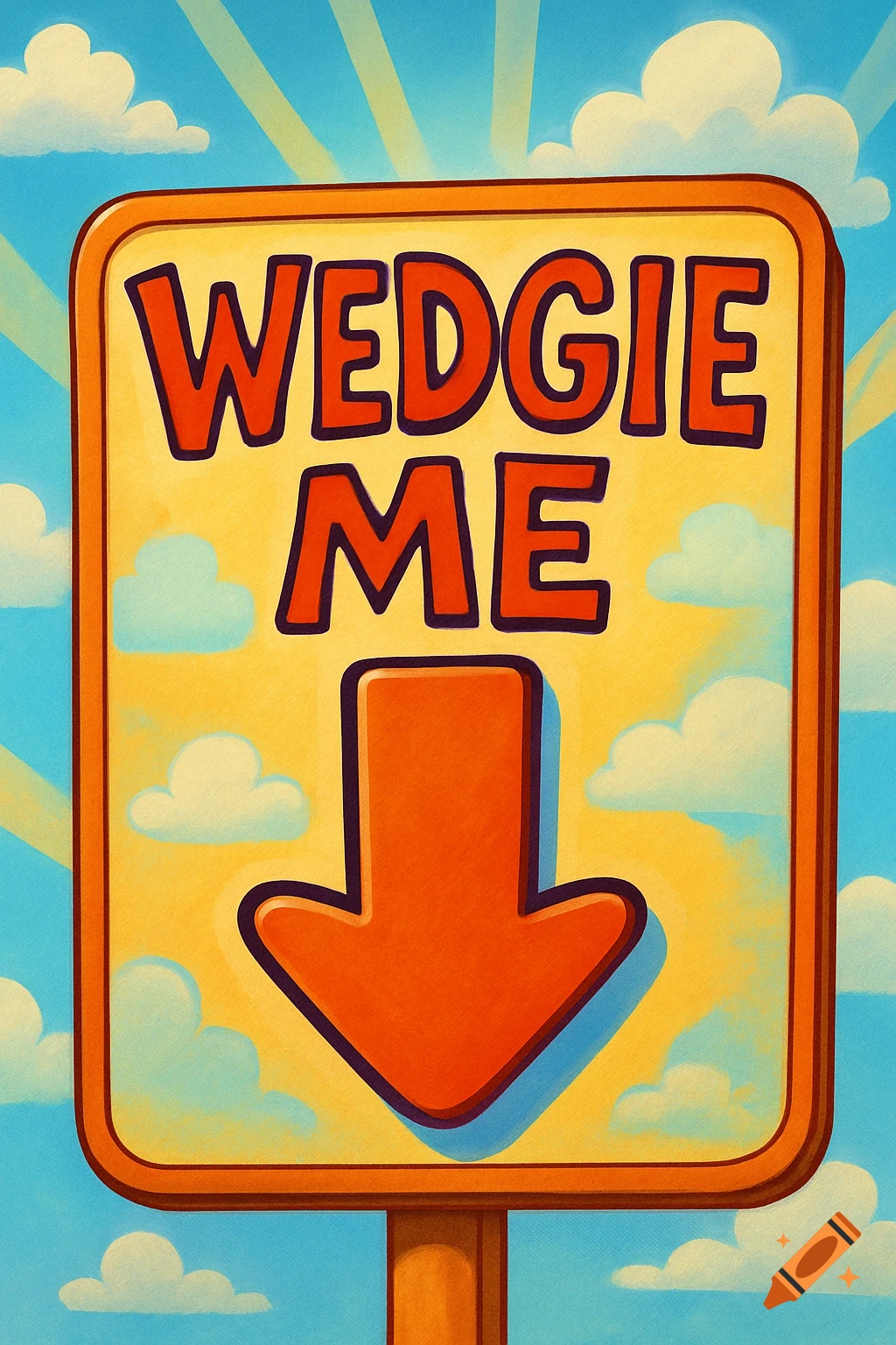 A vibrant cartoon sign saying "WEDGIE ME" with a large orange arrow pointing downwards, set against a blue sky with clouds and sun rays.