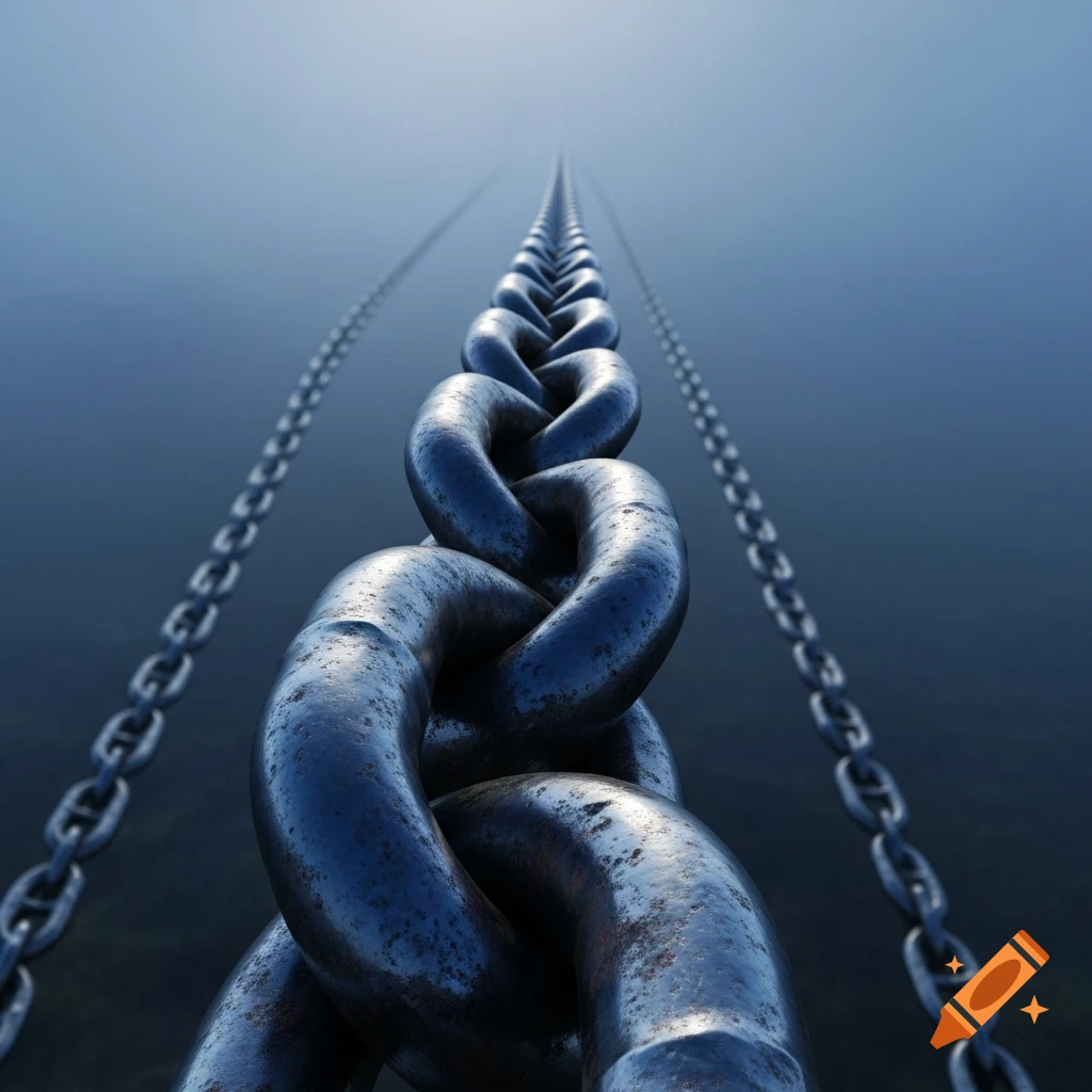 A large, dark metal chain extends directly away from the viewer into a hazy blue distance, flanked by smaller chains.