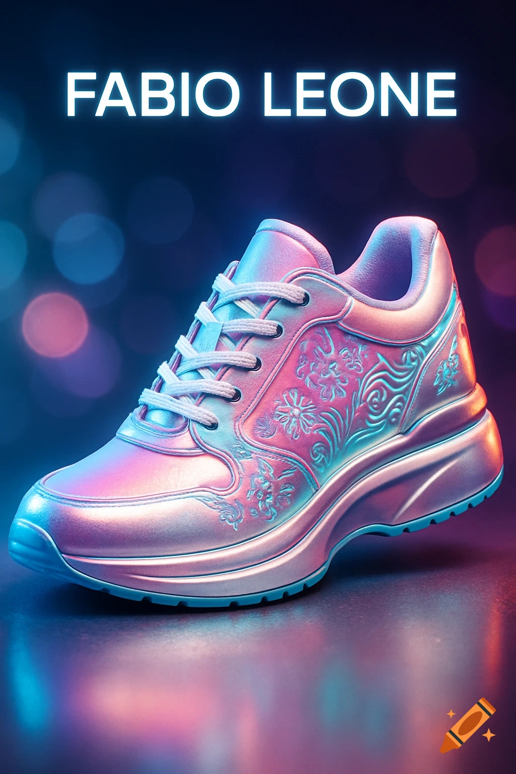 A holographic pink and blue futuristic sneaker with floral patterns, lit by neon lights, with 'FABIO LEONE' text above.