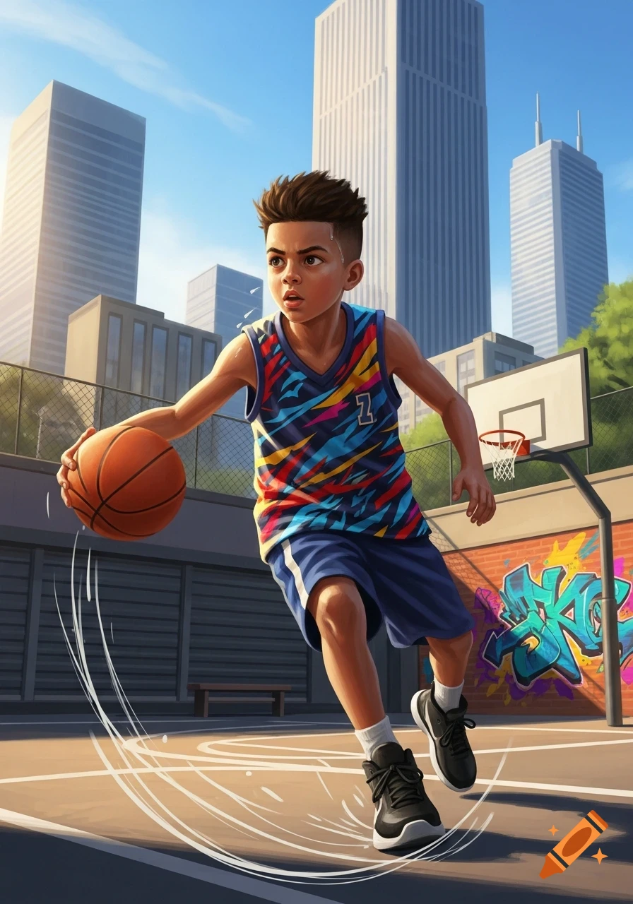 Vibrant illustration of a young boy dribbling a basketball on an outdoor court with city skyscrapers and graffiti in the background.