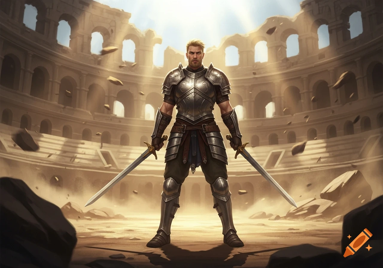 A muscular male fighter in shining armor stands in a ruined coliseum, holding a sword in each hand, bathed in bright light.