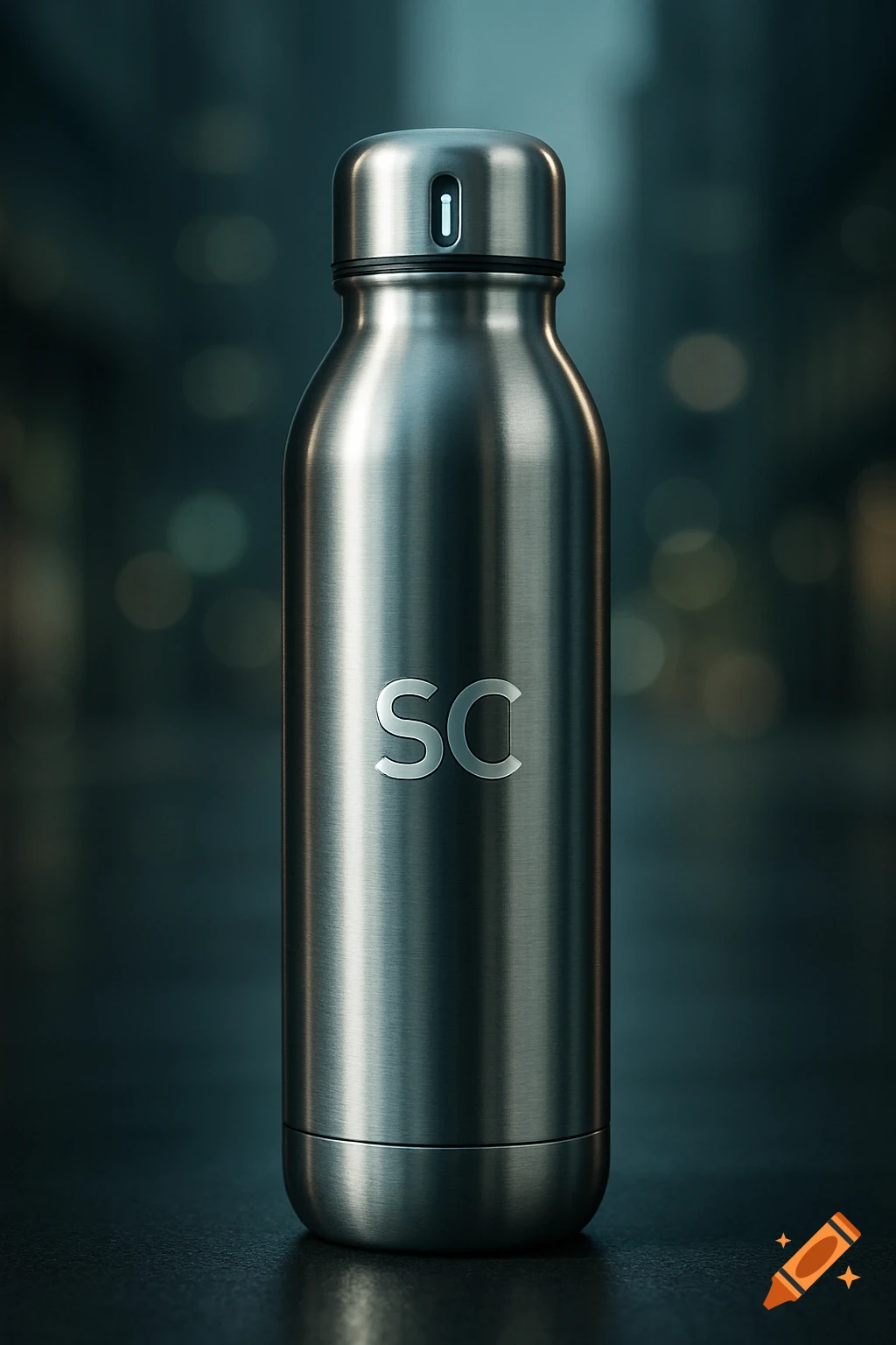 A photorealistic image of a sleek stainless steel water bottle with an 'SC' logo, set against a dark, bokeh background.