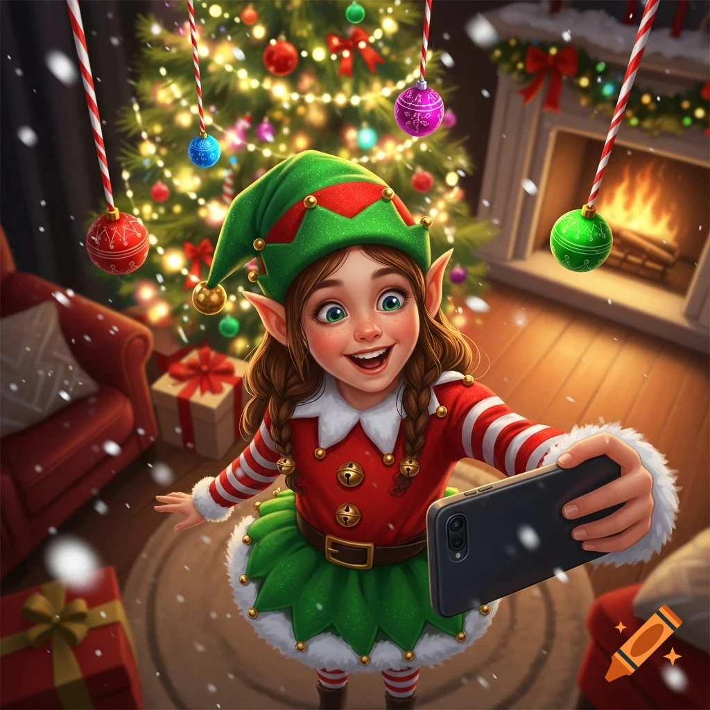 A cheerful cartoon elf girl in a red and green costume takes a selfie with a smartphone in a festive room with a decorated Christmas tree and fireplace.