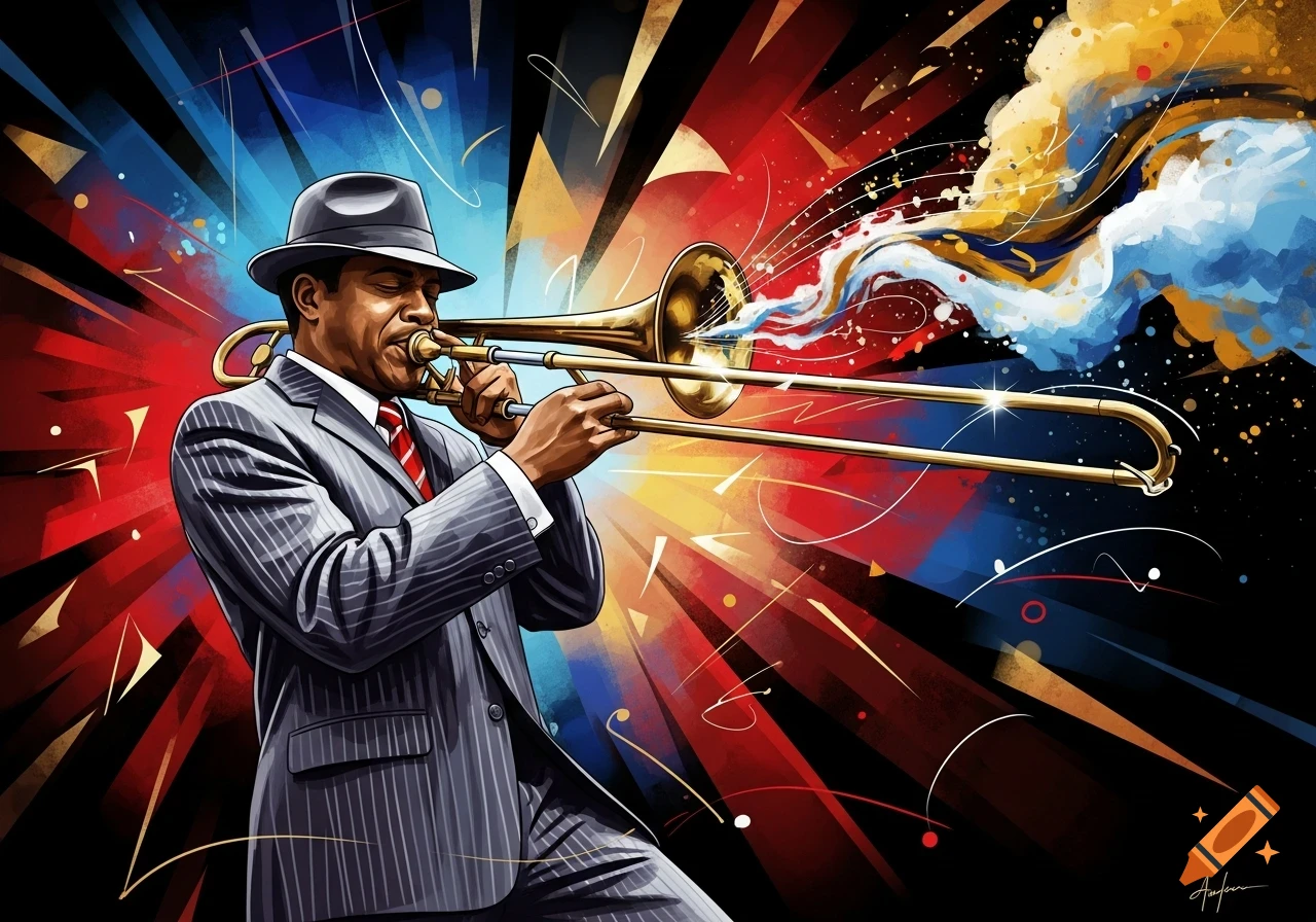 A jazz musician in a pinstripe suit and fedora plays a trombone, surrounded by a vibrant, abstract explosion of red, blue, and yellow lines and shapes.