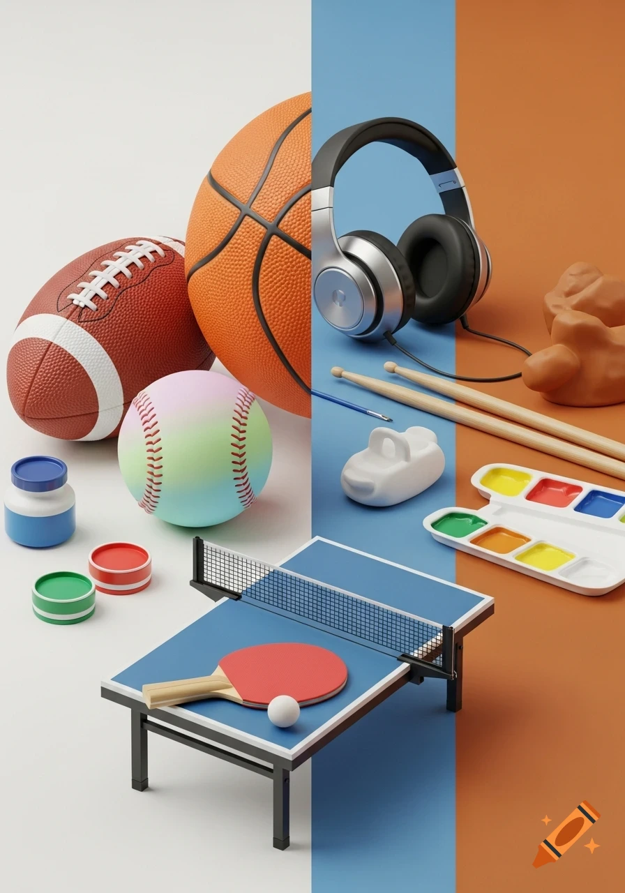 Graphic still life split image with football, basketball, softball, ping-pong table, paint jars on left; headphones, drumsticks, clay, watercolors on right.