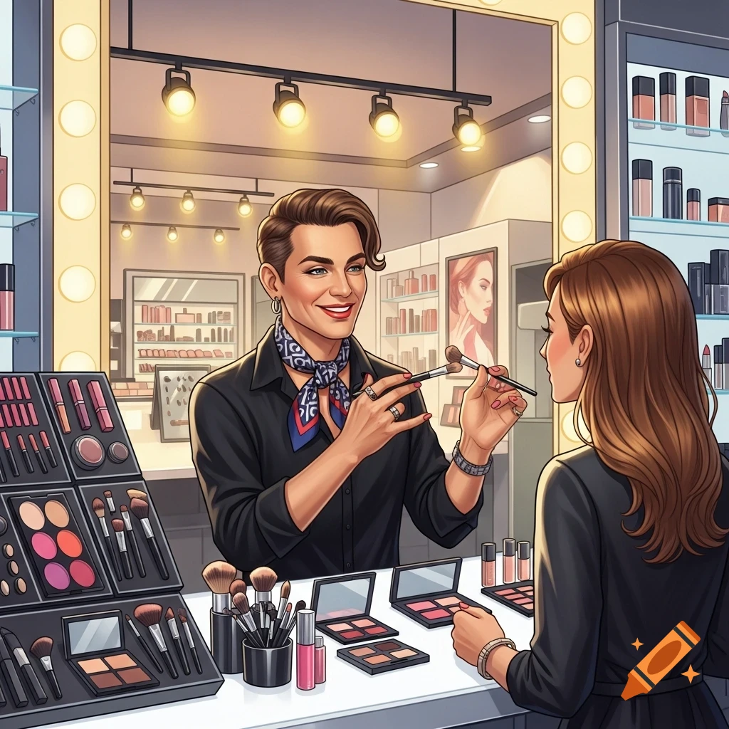 Stylized illustration of a makeup artist applying makeup to a client in a brightly lit beauty store.