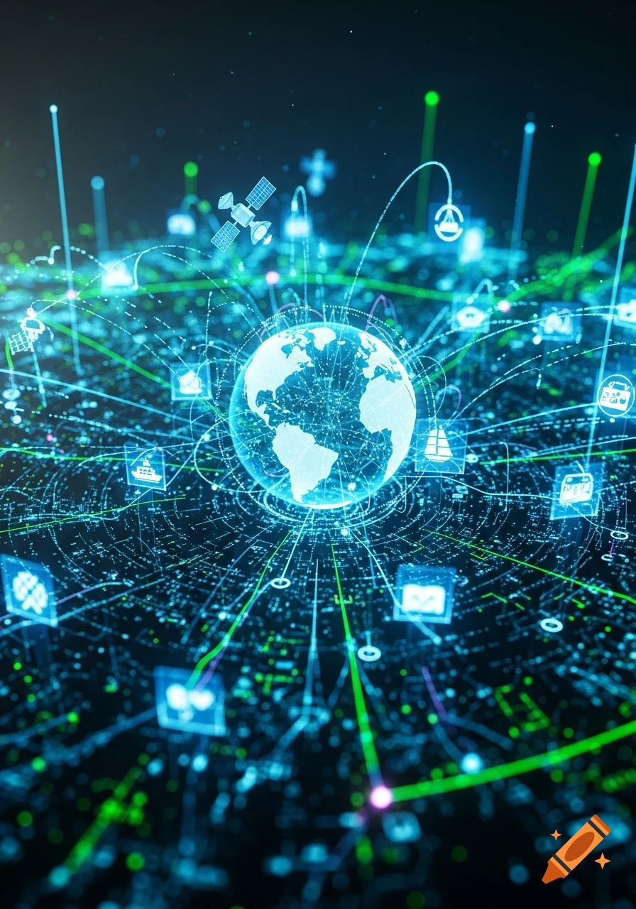 A glowing blue and green digital globe at the center of a complex network of interconnected lines, nodes, satellites, and abstract technology icons on a dark background.