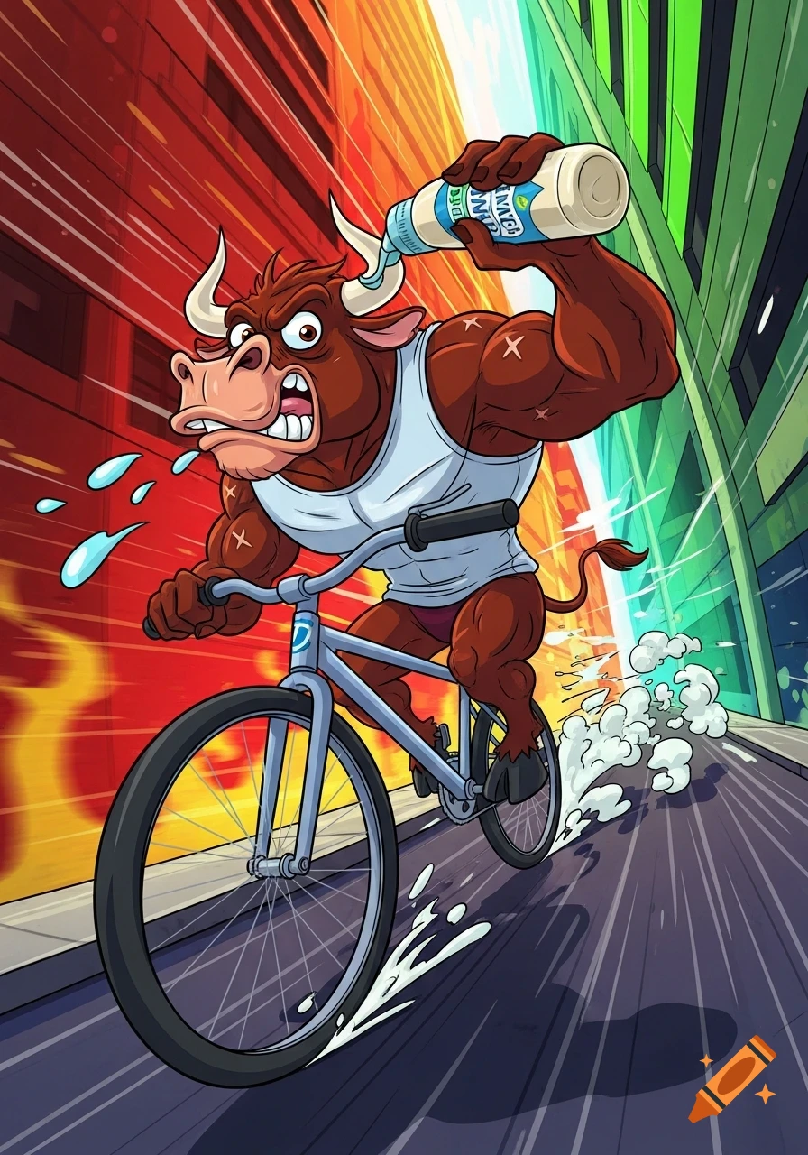 A muscular cartoon bull in a white tank top speeds on a bicycle, pouring ranch dressing into its mouth.