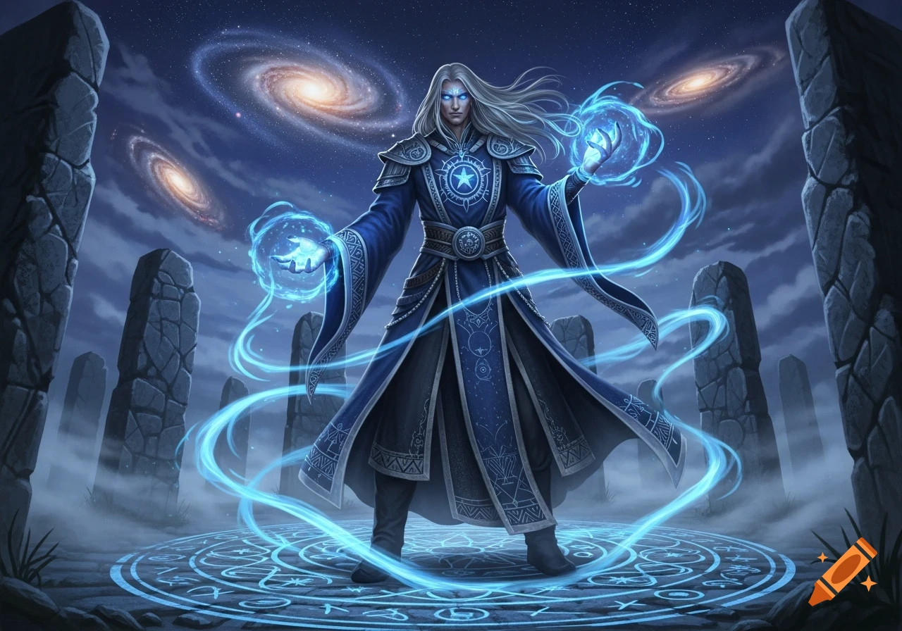 A powerful sorcerer in a blue robe, with glowing eyes and long grey hair, casts a spell amidst stone monoliths under a galaxy-filled night sky.