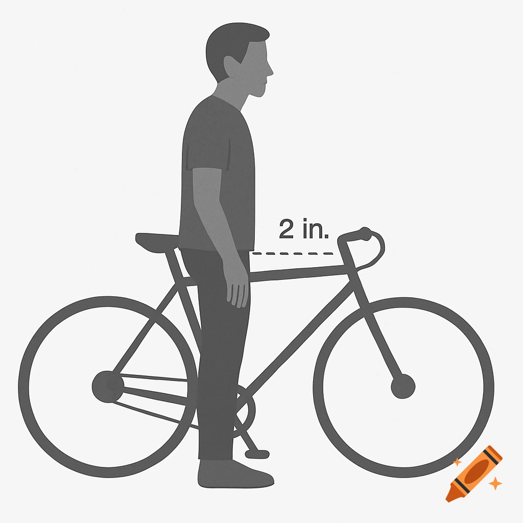 Minimalist grayscale illustration of a man standing next to a bicycle with a '2 in.' measurement for standover height.