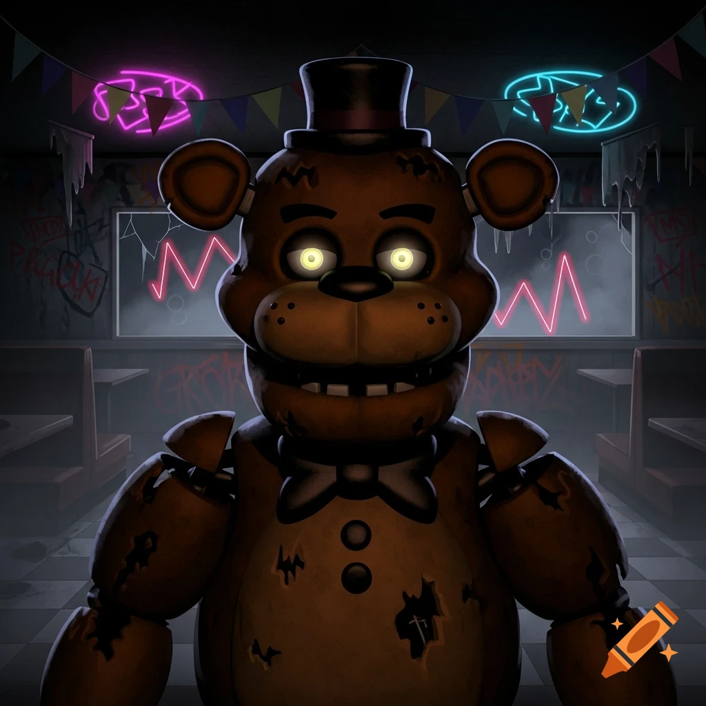 Close-up of Freddy Fazbear, a brown animatronic bear with glowing eyes, wearing a top hat and bowtie, in a dark, graffiti-covered pizzeria with neon lights.